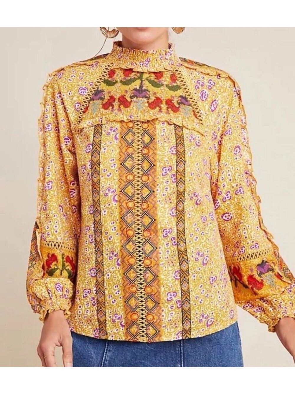 Maeve Anthropologie Goldie Embroidered Floral Long Sleeve Blouse Top Yellow sz 6